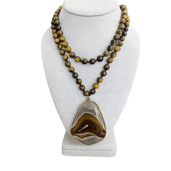 Vintage Brown Agate & Tiger's Eye Beaded Long Pendant Necklace 34" - Picture 5 of 5